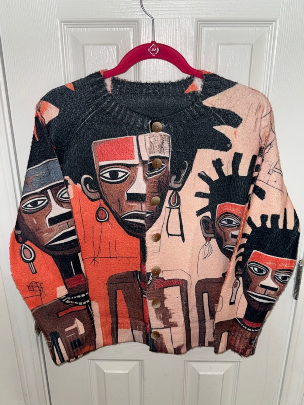 Graphic Button-Front Sweater Cardigan - Black Orange - Picture 2 of 6